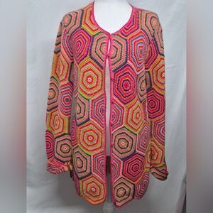 ISAAC MIZRAHI VINTAGE Style Crochet Hexagon Cardigan Neon Multi 100% Cotton L
